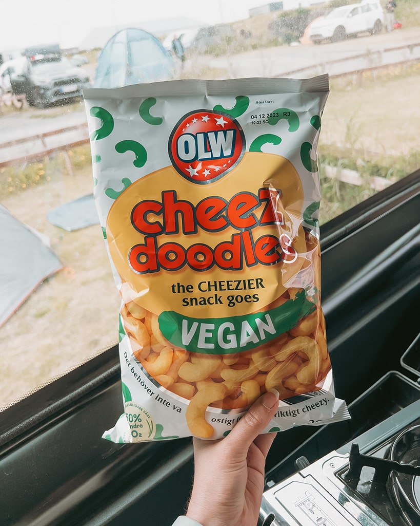 A share size packet of crisps. The red writing on the front reads cheez doddles. 