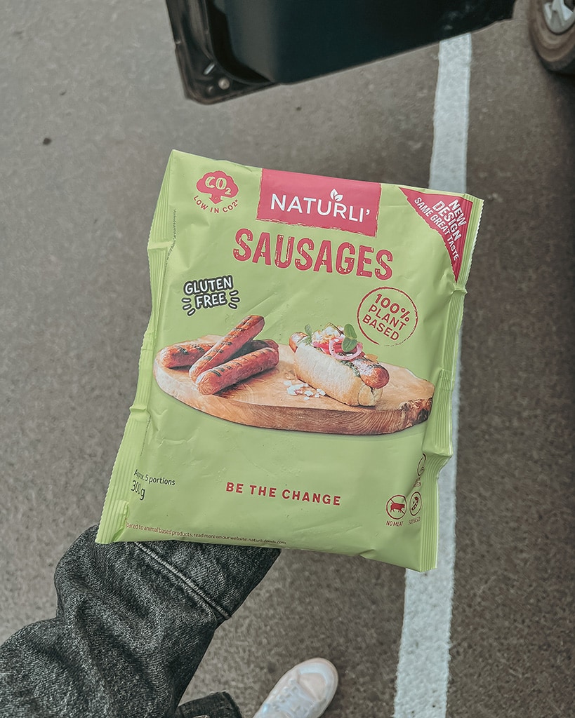 A green packet of vegan sausages bought from Bonus supermarket in Iceland.