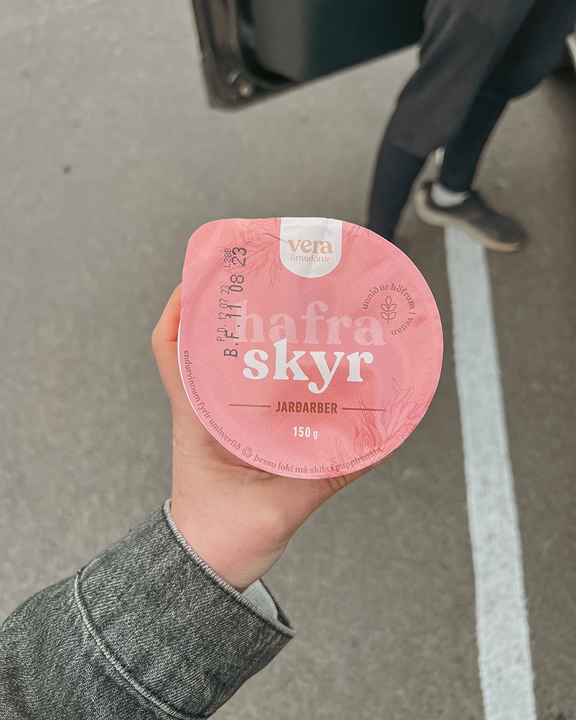 A pink pot of Iceland skyr vegan yoghurt.