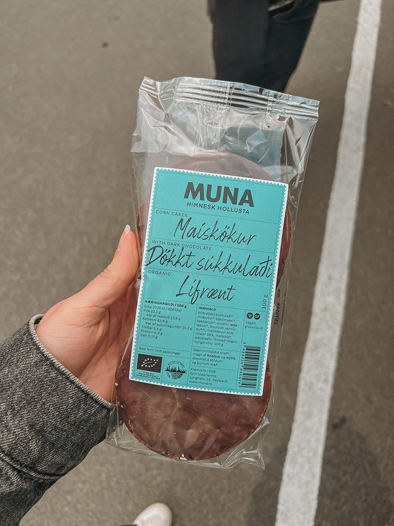 A packet of dark chocolate covered rice cakes.