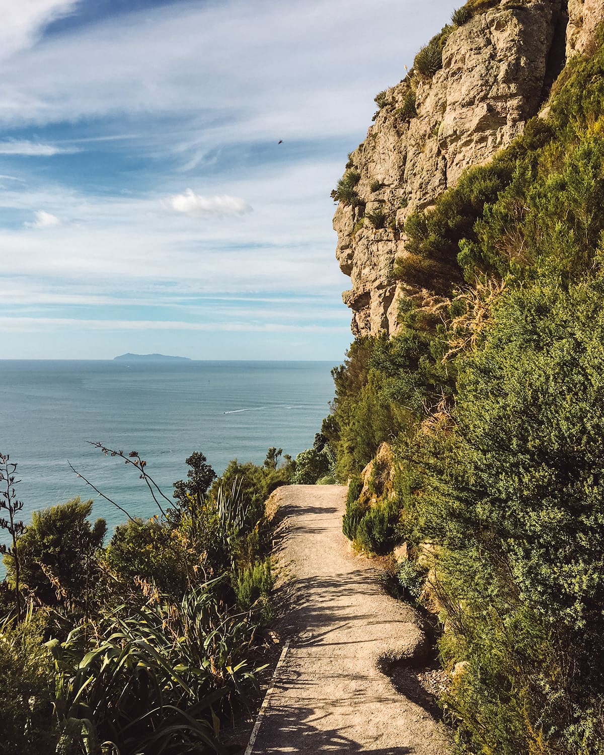 A coastal walking path on Mount Maunganui, bordered by lush greenery and a steep rocky cliff on one side, with a view of the distant ocean and a faint outline of an island on the horizon.