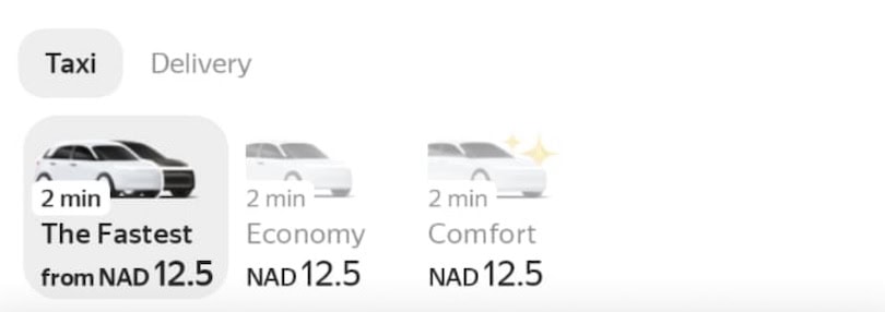 Screenshot of a ride-hailing app showing three taxi options—Fastest, Economy, and Comfort—each available in 2 minutes and priced from NAD 12.5.
